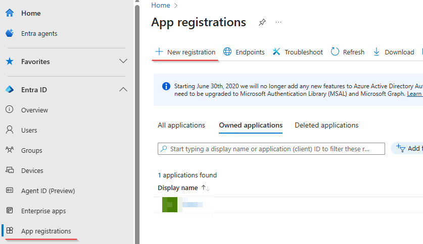 Screenshot showing the New Registration button in Entra ID App Registrations page
