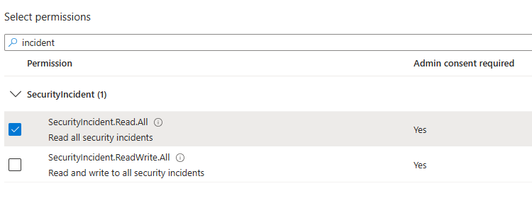 Screenshot showing SecurityIncident.Read.All permission selected in Microsoft Graph