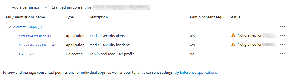 Screenshot of Grant admin consent button in API permissions page