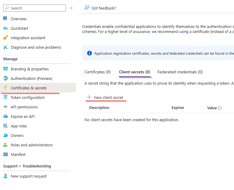 Screenshot of Certificates & secrets page with New client secret button