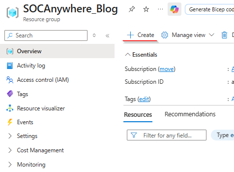 Screenshot of Azure portal Create a resource button
