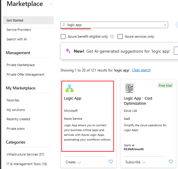 Screenshot of Logic App marketplace item with Create button in Azure portal