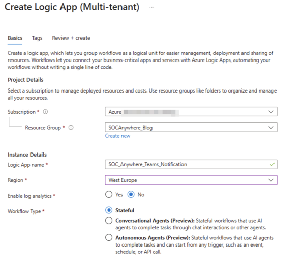 Screenshot showing Logic App name and region selection in creation form
