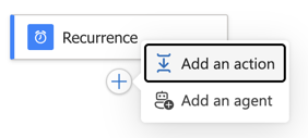 Screenshot showing the plus icon and Add an action button in Logic App designer