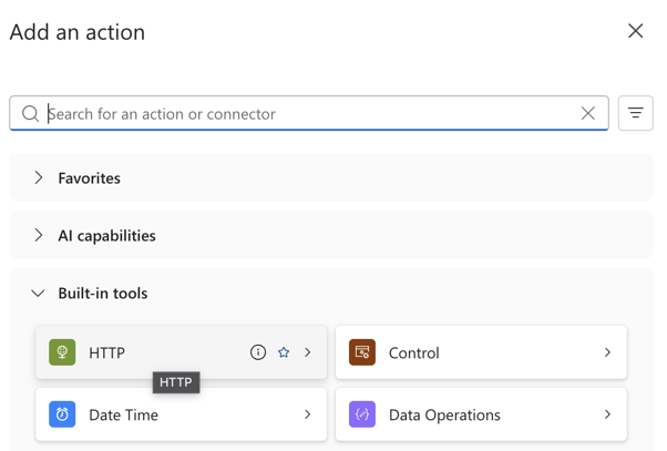 Screenshot of HTTP action connector selection in Logic App