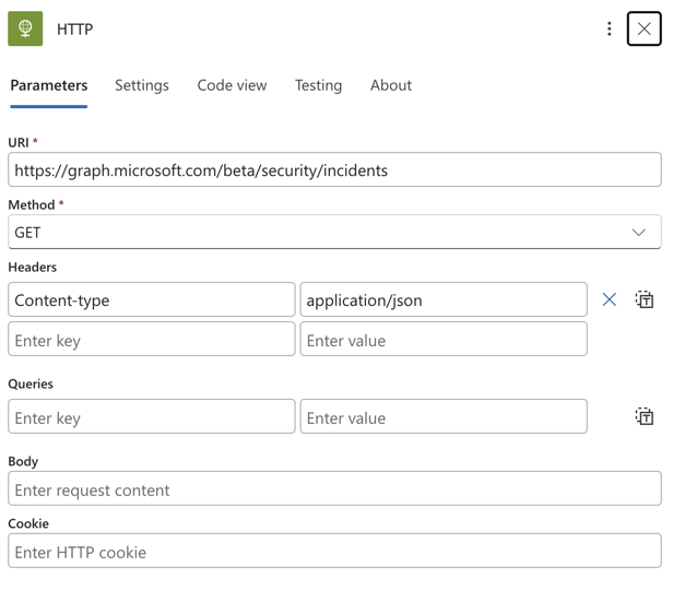Screenshot of HTTP action configuration showing URI and method settings
