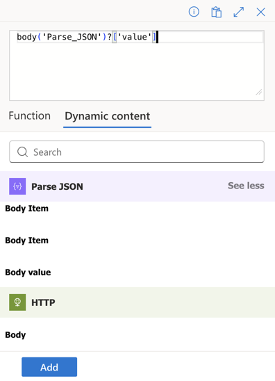 Screenshot of For each loop configuration with Body value dynamic content selected