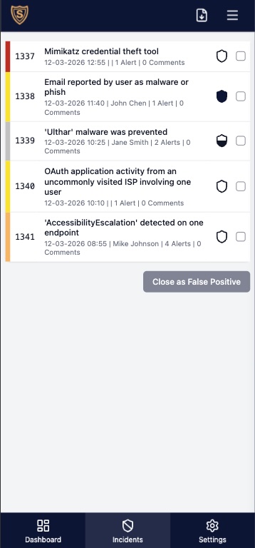 Mobile app showing incident overview