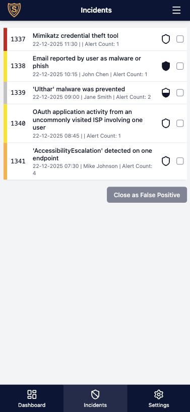 Mobile app showing incident overview
