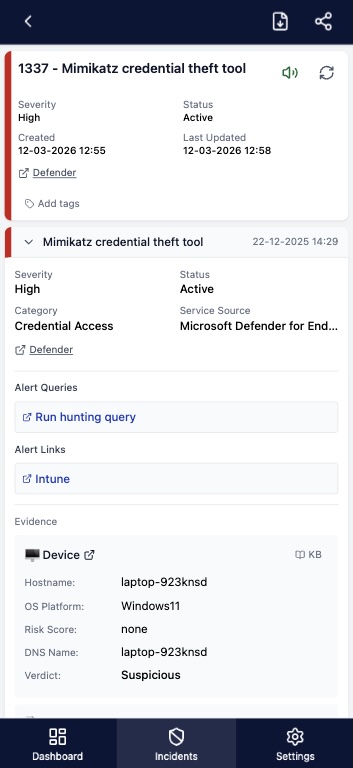 Mobile app showing incident detail